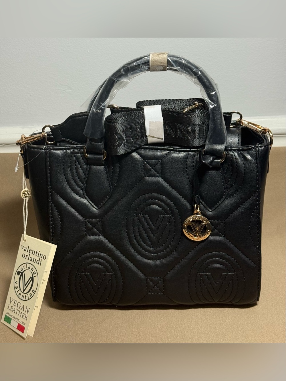 Valentino Orlandi Black Quilted Satchel with Gold Accent Charm